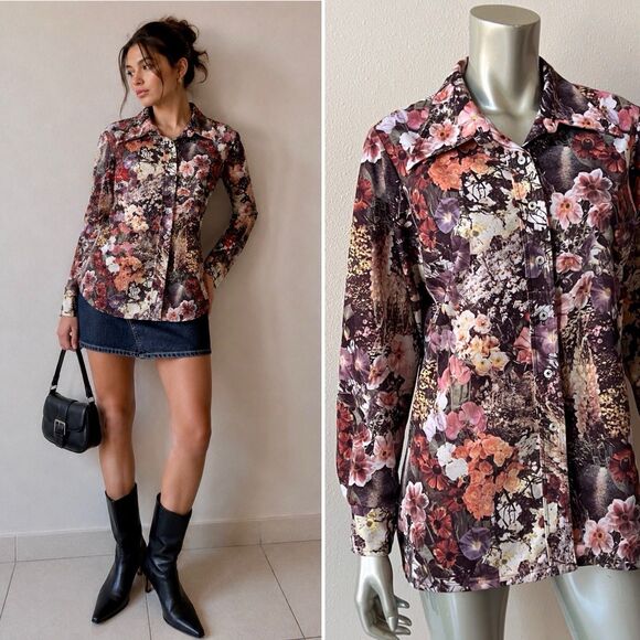 Vintage Tops - Vintage Floral Photo Print Blouse Shirt Large Button Up Top Autumn Boho 70s